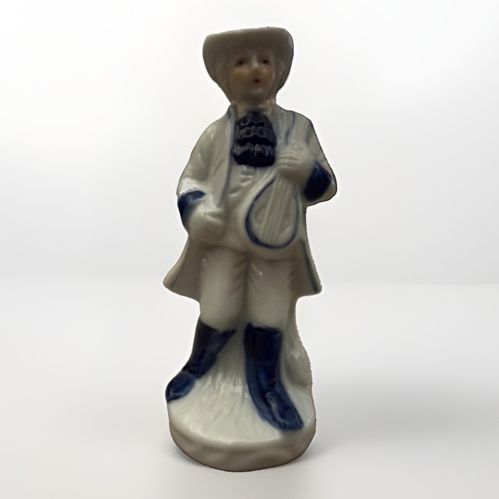 Delft Colonial Dandy Blue Mandolin Musician Porcelain Antique Figurine 8" x 3"